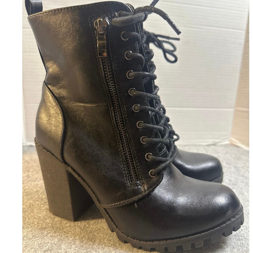 Dream Pairs Combat Chunky Heel Black Leather Zip Up Lace Up Boots Sz 38 US 7.5
